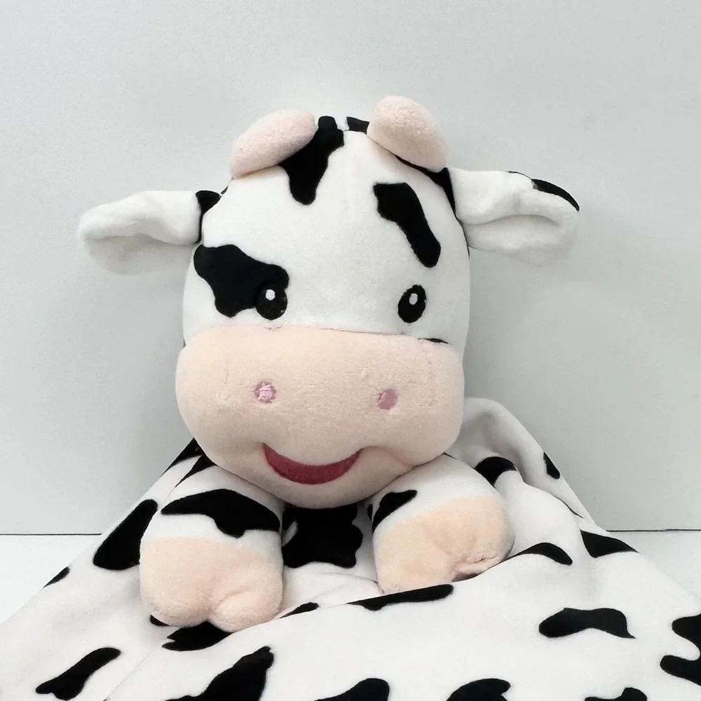 BABYCOLOR Cow Plush Lovey Security Blanket Black White Spotted Pink Satin